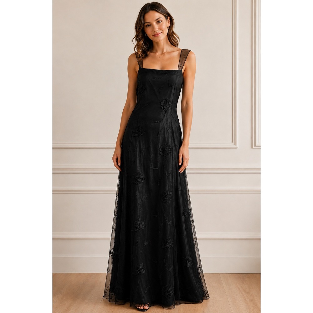 Lauren Ralph Lauren Floral Embroidered Mesh Gown Dress Sleeveless Sheer Back 12